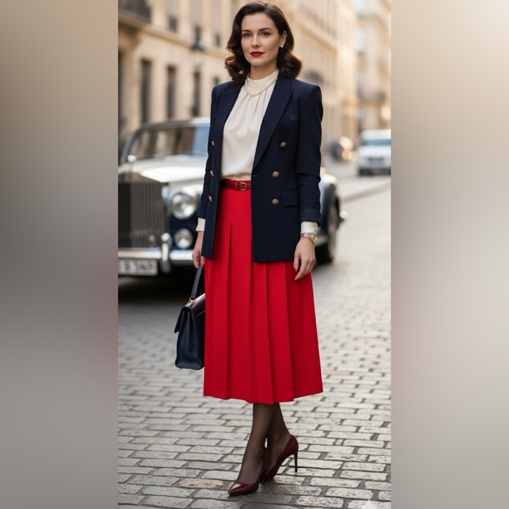 Ko Ko Knits Red Pleated Midi Skirt High Waist Size 12